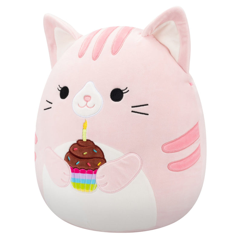 14 pulgadas Laura la gata tabby rosa sosteniendo un pastel de cumpleaños