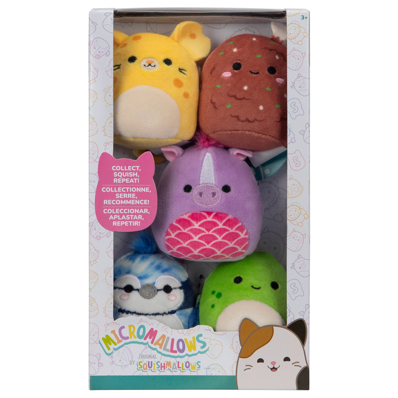 Pack de 5 Micromallows - Seanster el Estegosaurio, Quayn el Hipocampo, Amelia la Rata Queso, Missy Me el Palito de Caramelo y Babs el Cuervo Azul