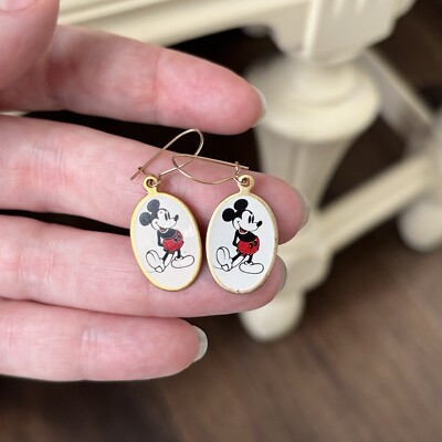 Vintage Walt Disney World Souvenir Mickey Mouse Enamel Gold Pierced Earrings-image