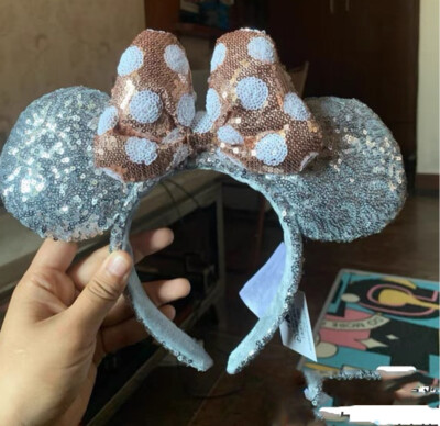 Silver Sequin Ears Rose Gold Polka Dot Bow Minnie Mouse DisneyParks Headband-image