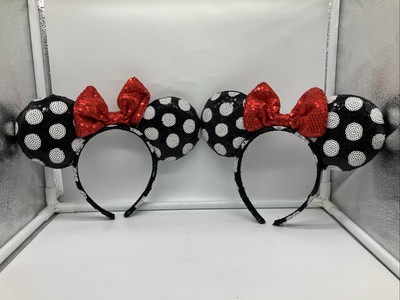 2x Disney Parks Sequin Black & White Poka Dot Minnie Mouse Ears Red Bow Headband-image