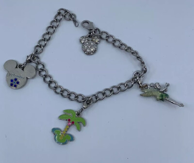 Disney Charm Bracelet Vintage Mickey Mouse Tinker Bell Walt Disney World 7” 4 Pc-image