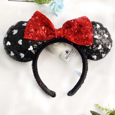 Black Sequin Disney Parks Exclusive White Heart Red Bow Ears Headband-image