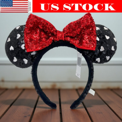 Disney Parks Black Sequin Ears White Heart Red Bow Girl Kids Gift Headband US-image