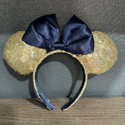 Disney Parks WDW 50th Anniversary Gold Sequin Blue Bow Ears Headband EARidescent-image