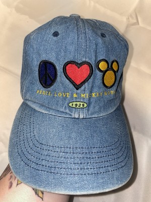 VTG Walt Disney World Hat Peace Love & Mickey Mouse Blue Denim Strapback Cap 90s-image