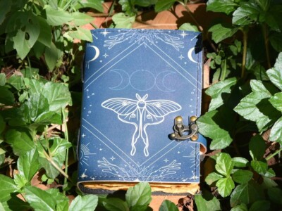 Blank Spell Book of Shadows Vintage Handmade Leather Journal Luna Moth Print 7X5-image