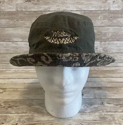 VTG Walt Disney World Bucket Reversible Hat Unisex OS Green Tan Floral Hawaiian-image