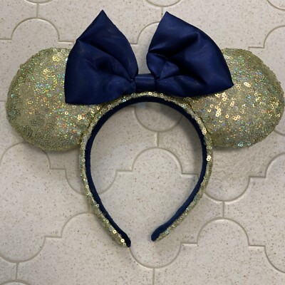 Disney Parks WDW 50th Anniversary Gold Sequin Blue Bow Ears Headband EARidescent-image
