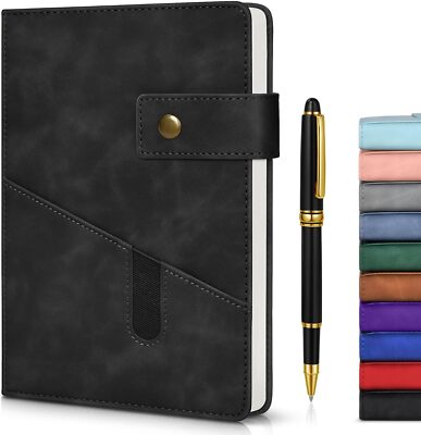 Black A5 Lined Leather Journal Notebook for Men Women,5.9 X 8.4