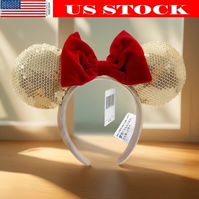 Disney Parks Red Bow Rare Sequins Gold Mickey Mouse Minnie Ears Headband US-image