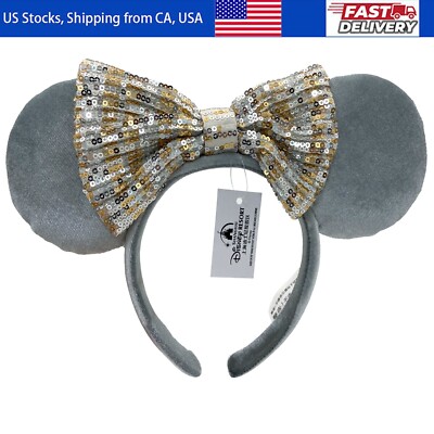 Disney's Parks 2025 Minnie Mouse Ears Gold Grey Silver Sequin Bow Plush Headband-image