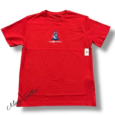 Disney Parks Shirt 2025 WDW Fantasia Sorcerer Mickey Hat Embroidered Red Large-image