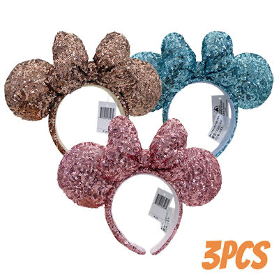 Disney~ Pink+Brown+Aqua Blue Minnie Mouse Sequins Ears limited Ribbon Headband-image