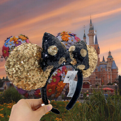 Disney' Parks Minnie Mouse Sequin Ear Headband Black and Gold Polka Dot Bow-image