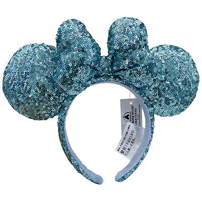 Disney Parks Tokyo Minnie Ears Aqua Blue Sequin Padded Bow Headband Woman Girl-image