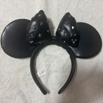 Tokyo Disney Headband Black Large Ribbon Minnie Mouse Ears Leather Japan Limited-image