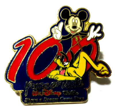 Vtg WALT DISNEY WORLD 100 YR MICKEY MOUSE PLUTO DOG gold tone BLUE RED LAPEL Pin-image