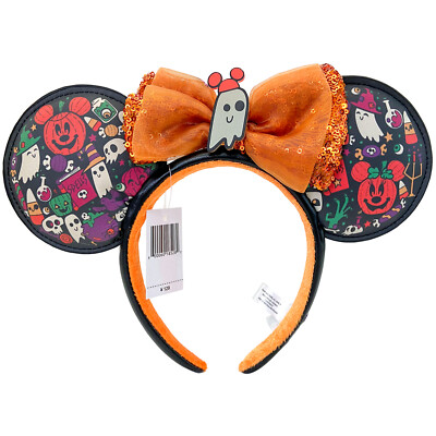 Disney Parks 2022 Happy Halloween Minnie Ghost Sequin Bow Ears Pumpkin Headband-image