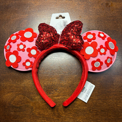 NWT 2024 Disney Parks Valentine's Day Minnie Bow Pink Red Flower Headband Ears-image