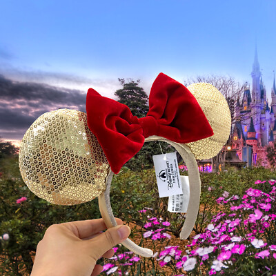 DisneyParks Red Limited Party Minnie Mouse Bow Gold Sequins Ears Headband Ears-image