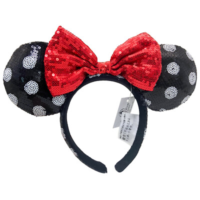 Disney^Parks Minnie Mouse Sequined Black White Polka Dot Red Bow Ears Headband ^-image