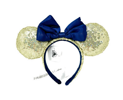 Walt Disney World 50th Anniversary Sequined Gold With Blue Bow Ears Headband NEW-image