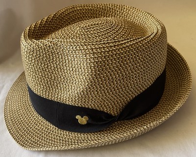 DISNEY PARKS Fedora Hat Adult Size Woven Beige Black Band Logo NEW TAGS-image