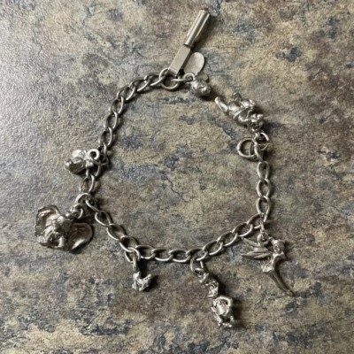 VTG 70s Disney Silver Tone Charm Bracelet w/ Minnie Dumbo Tinkerbell, Girl’s 6in-image