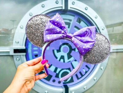 DISNEY PARKS TOMORROWLAND SILVER PURPLE GLITTER MICKEY EARS HEADBAND-image
