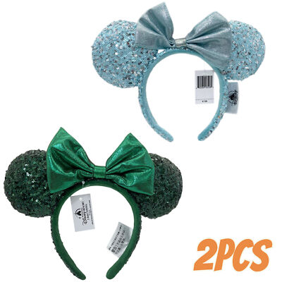 DisneyParks Frozen Arendelle Aqua Minnie Ears+Emerald Green Sequins Bow Headband-image