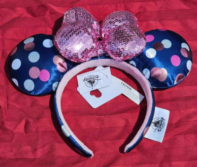 Disney Parks Rock Dots Navy Polka Dot Pink Sequin Bow Minnie Ears Headband New-image