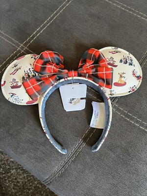 2021 WDW Minnie Mouse Faux Leather Holiday Scenes Ear Headband With Plaid Bow-image