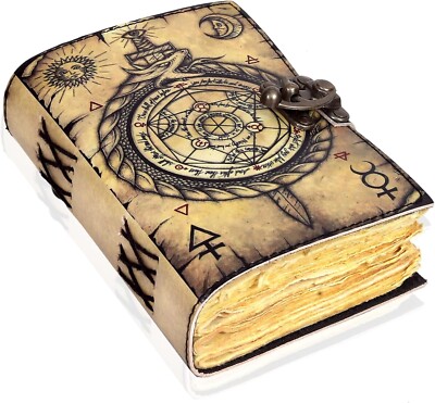 Leather Bound Journal Deckle Edge Paper Grimoire Printed Spiral Gothic Diary Men-image