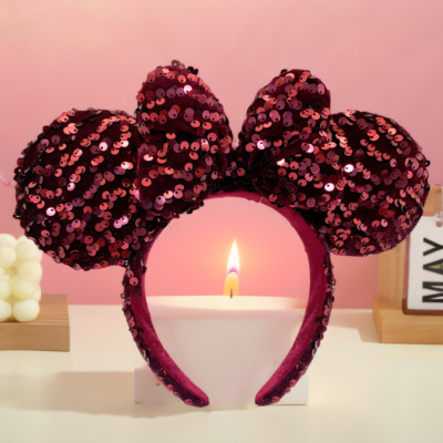 Disney Headband Minnie Ear Dark Red Velour Sequin Tokyo Disneyland Japan US-image