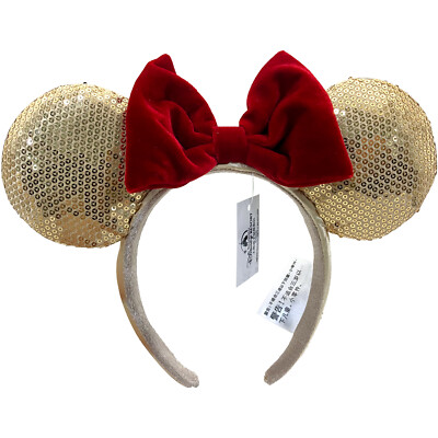 Disney Parks Sequins Minnie Mickey Mouse Ears Rare Red Bow Gold Headband Girl-image