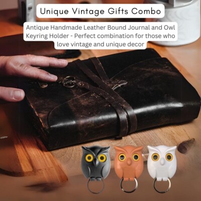 Antique Handmade Leather Men And Women Diary & Owl Keying Holder Pack(Bulk3Sets)-image