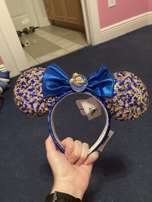Disney Parks WDW 2021 Annual Passholder Blue Sequined Minnie Mouse Bow Ears New-image