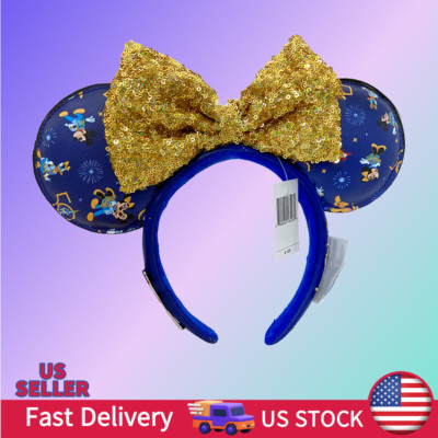 Disney Parks Gold Sequins Bow  Headwear Minnie  Mouse Ears Blue Headband  Mickey-image