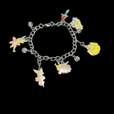 Vintage Walt Disney World Silver Tone Charm Bracelet Featuring Tinkerbell 7”-image