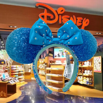 Disney- Parks Minnie Mouse Aqua Blue Sequin Ear Headband Rhinestone Bow NEW-image