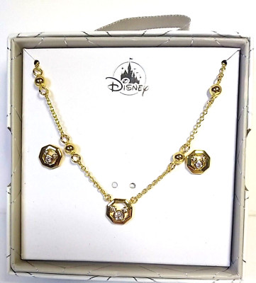 Disney Parks Mickey Mouse Gold Octagon and CZ  Earrings and Necklace Set NIB-image