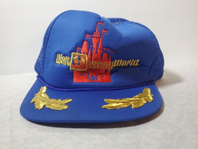 Vtg 80's Walt Disney World Hat Blue Mesh Snapback Trucker Gold Leaf Scramble egg-image
