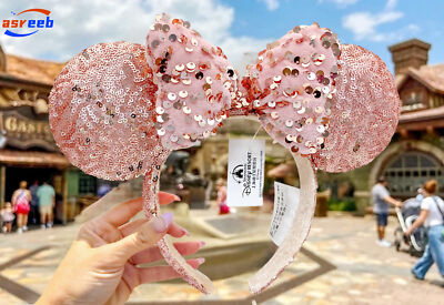 Japan Tokyo Disney Resort Sequin Pink Gold ribbon Minnie Ears Headband-image