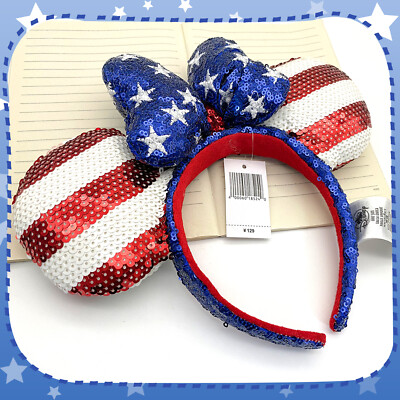 Disney- Parks Minnie Mouse Ears White Red Stripes Flag Blue Bow Stars Headband-image