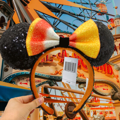 Disney Parks Bow Halloween Candy Corn Sequins Rare Black Minnie Ears Headband-image