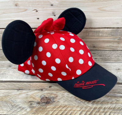 Walt Disney World Minnie Mouse Hat OS Youth Mickey Ears Bow Red Polka Dot Cap-image
