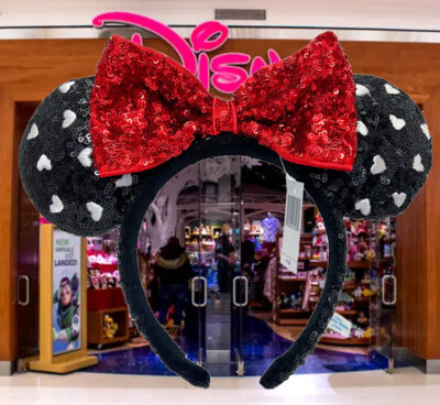 Disney-Parks Black Sequin Minnie Ears White Heart Red Bow Gift Headband-image