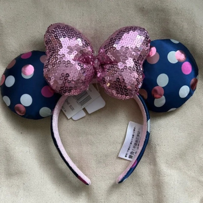 Rock Dots Navy Polka Dot Pink Sequin Bow Disney Parks Minnie Ears Headband-image