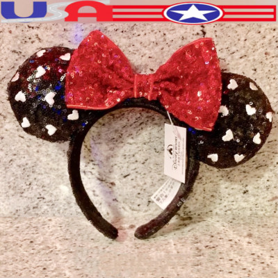 Disney Parks Black Sequin Ears White Heart Red Bow Girl Kids Gift Headband US💖-image